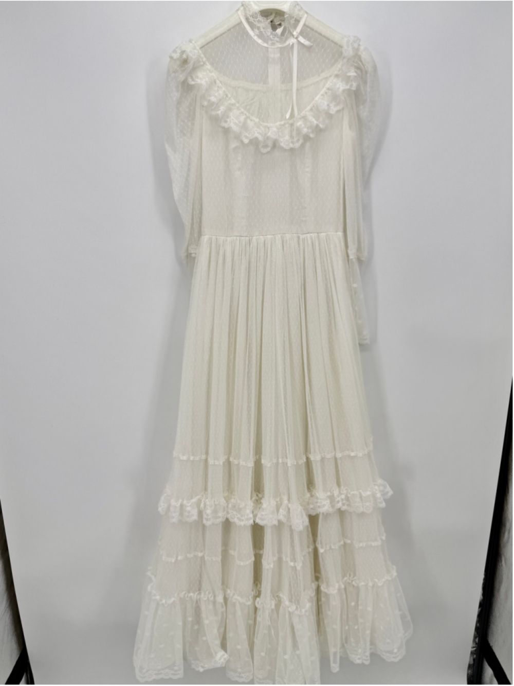 Vintage 70's Tiered Lace High Neck Wedding Dress Ivory Handmade Boho size S